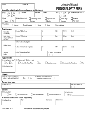 University of Missouri Personal Data Form