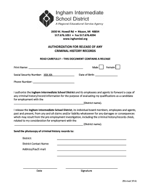 Authorization for Release of Criminal History Records