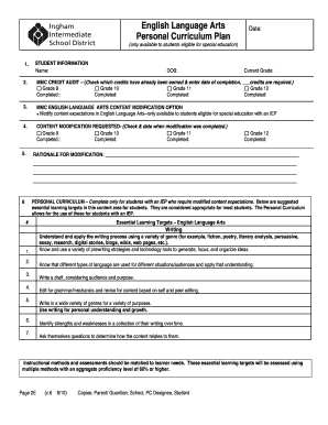 Personal Curriculum Plan for English Language Arts