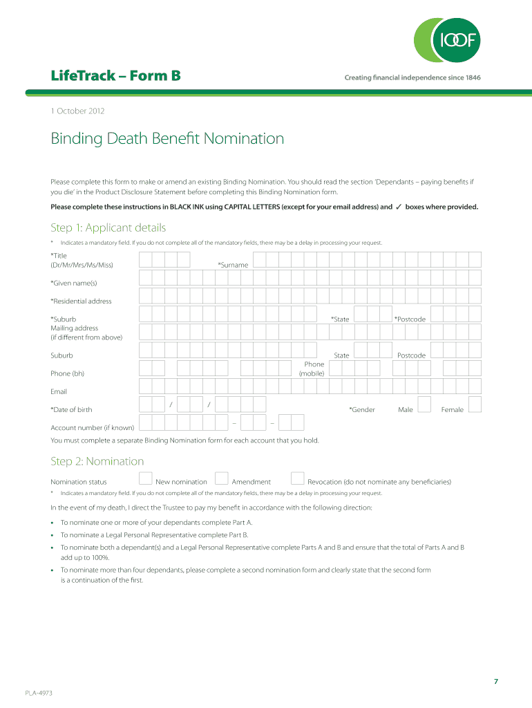 Fillable Online Binding Death Benefit Nomination form IOOF Fax Email