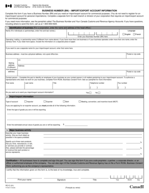 Canada Customs Import/Export Account Form