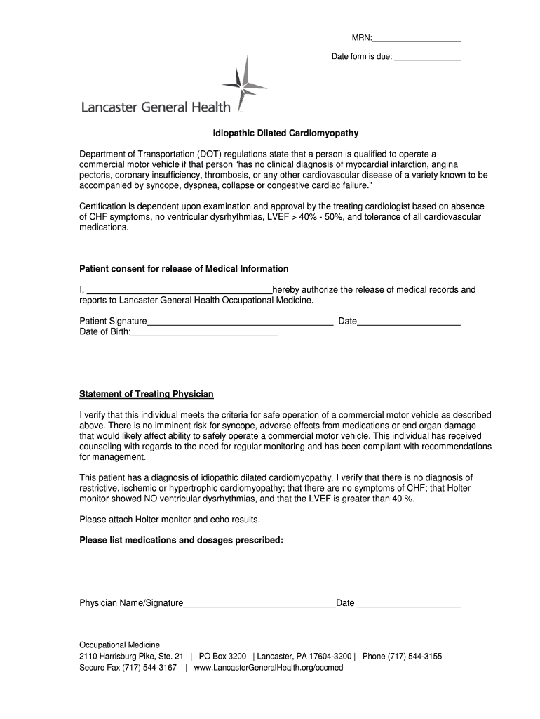 Fillable Online Idiopathic Dilated Cardiomyopathy - Lancaster General ...