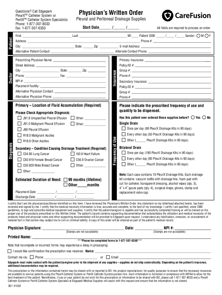 Physicians Written Order PleurXTM PeritXTM Pleural Preview on Page 1