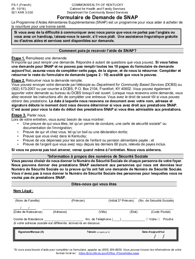 Fillable Online Form FS1 "Application for Snap" Kentucky