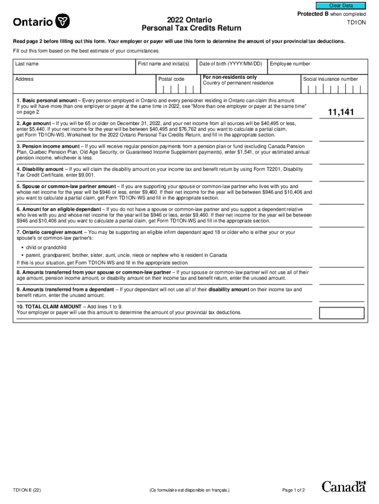 Fillable Online www.canada.cafilingformtd1Filing Form TD1, Personal