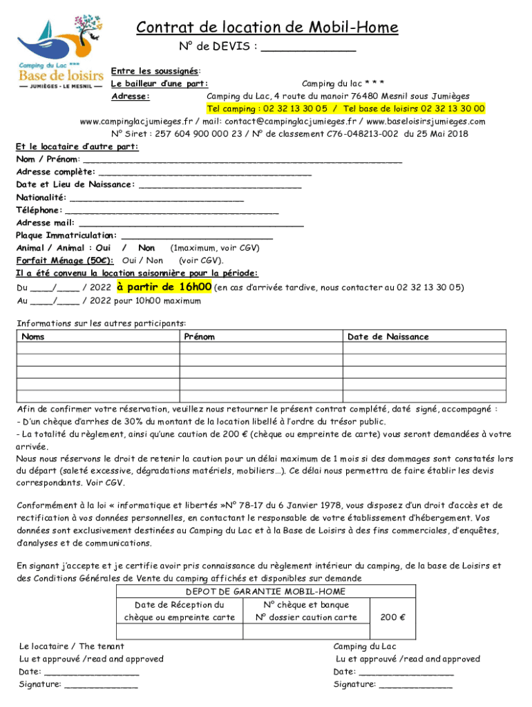 Contrat de location de Mobil-Home Preview on Page 1