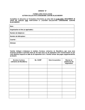 ANNEXE B FORMULAIRE D'EXCLUSION ACTION ...