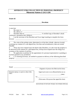 AFFIDAVIT FOR COLLECTION OF PERSONAL PROPERTY Minnesota ...