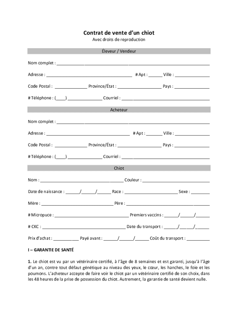 Fillable Online Contrat de vente dun chiot (droits de reproduction) Fax Email Print pdfFiller