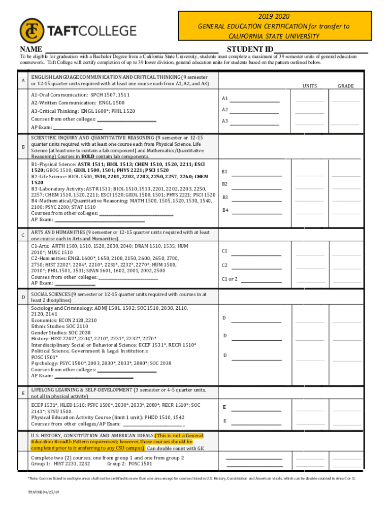 Fillable Online Csu Transfer Requirements Sheet Education Fax Email