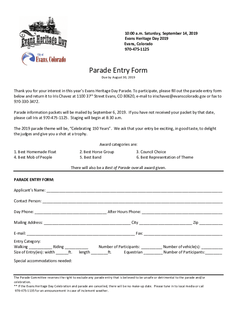 Fillable Online 2019 Parade Entry Form Fax Email Print pdfFiller