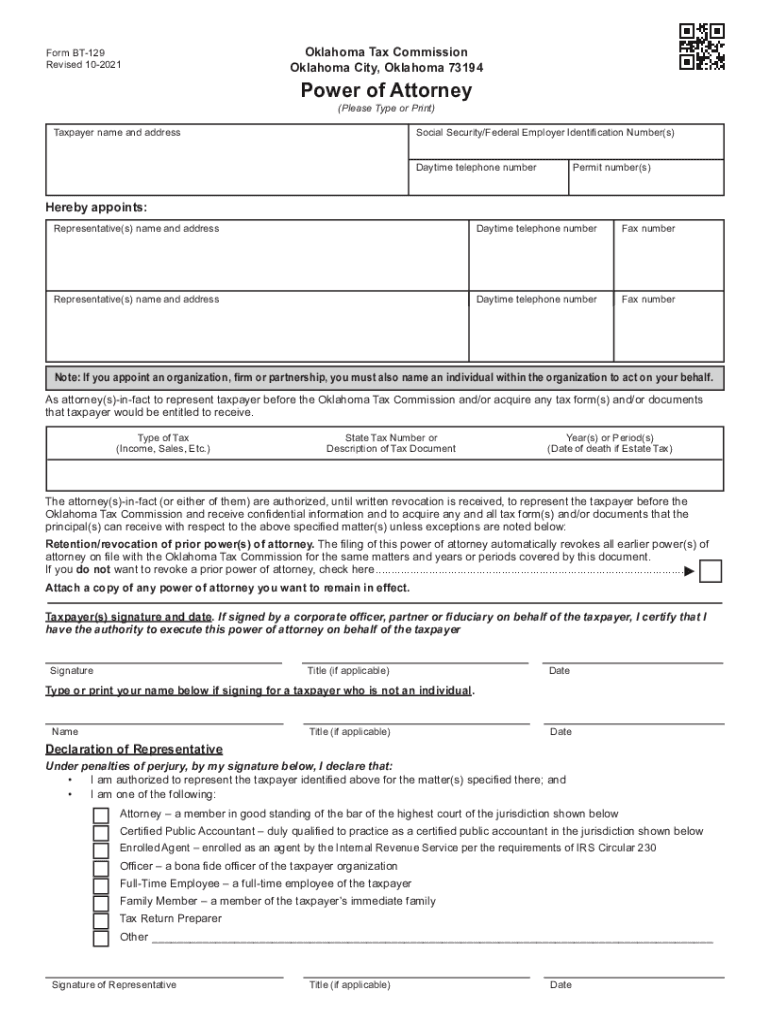 Form BT-129 Power of Attorney Preview on Page 1