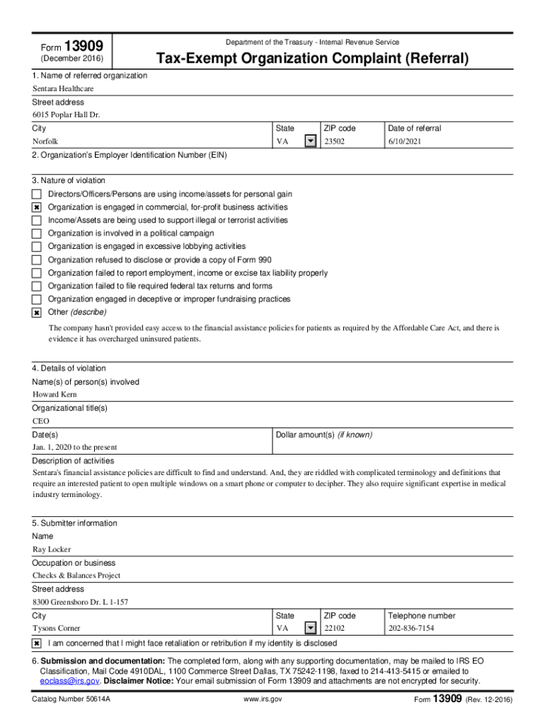 Federal Form 13909 (Tax-Exempt Organization Complaint Preview on Page 1
