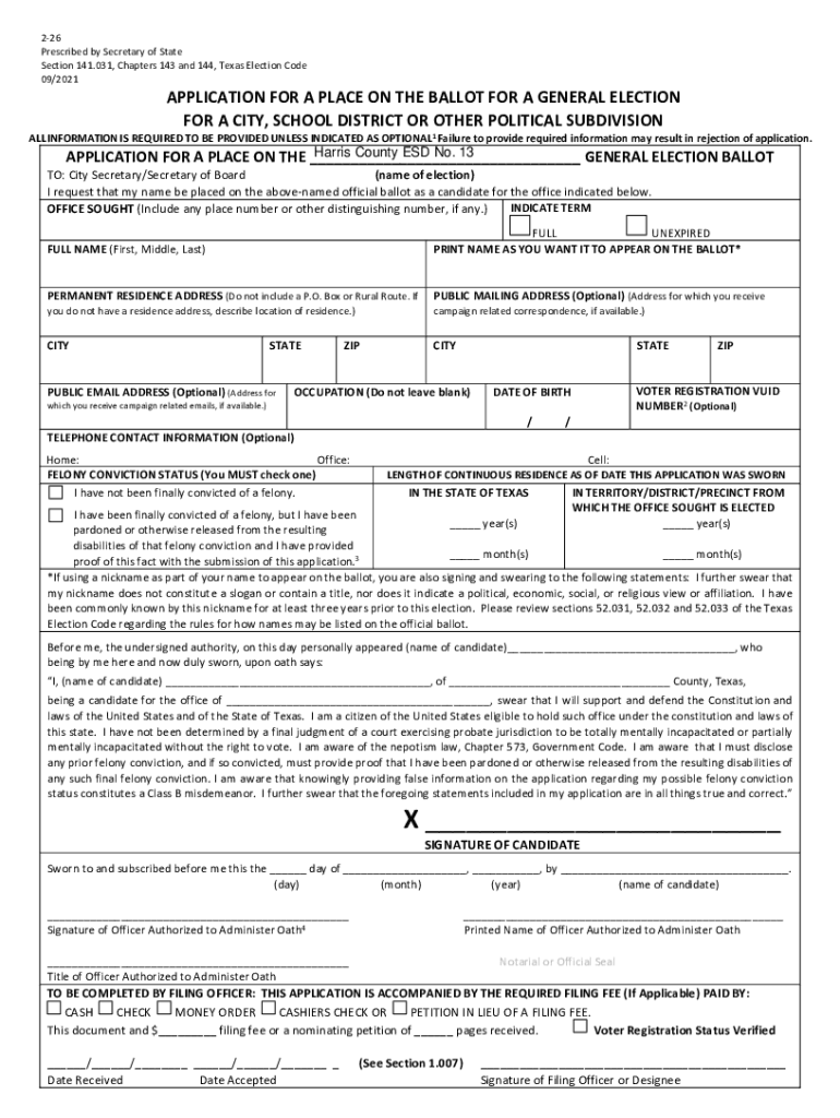 Application For A Place on the Ballot For a General Election For a City, School District or Other Po Preview on Page 1