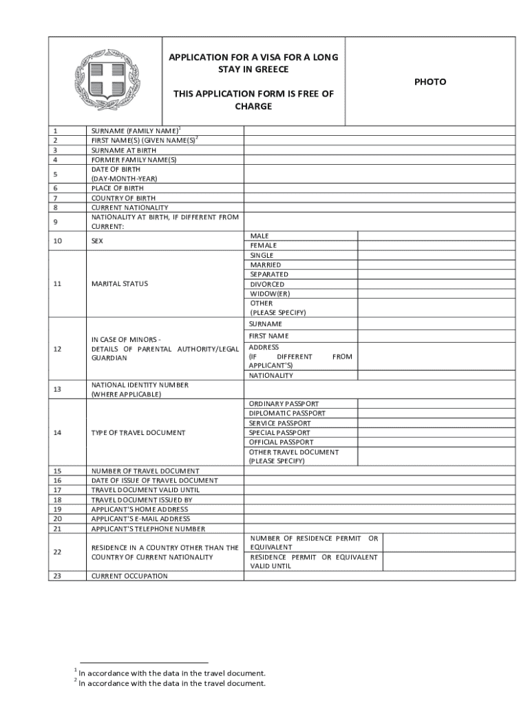 Greece Long Stay Visa Application Preview on Page 1