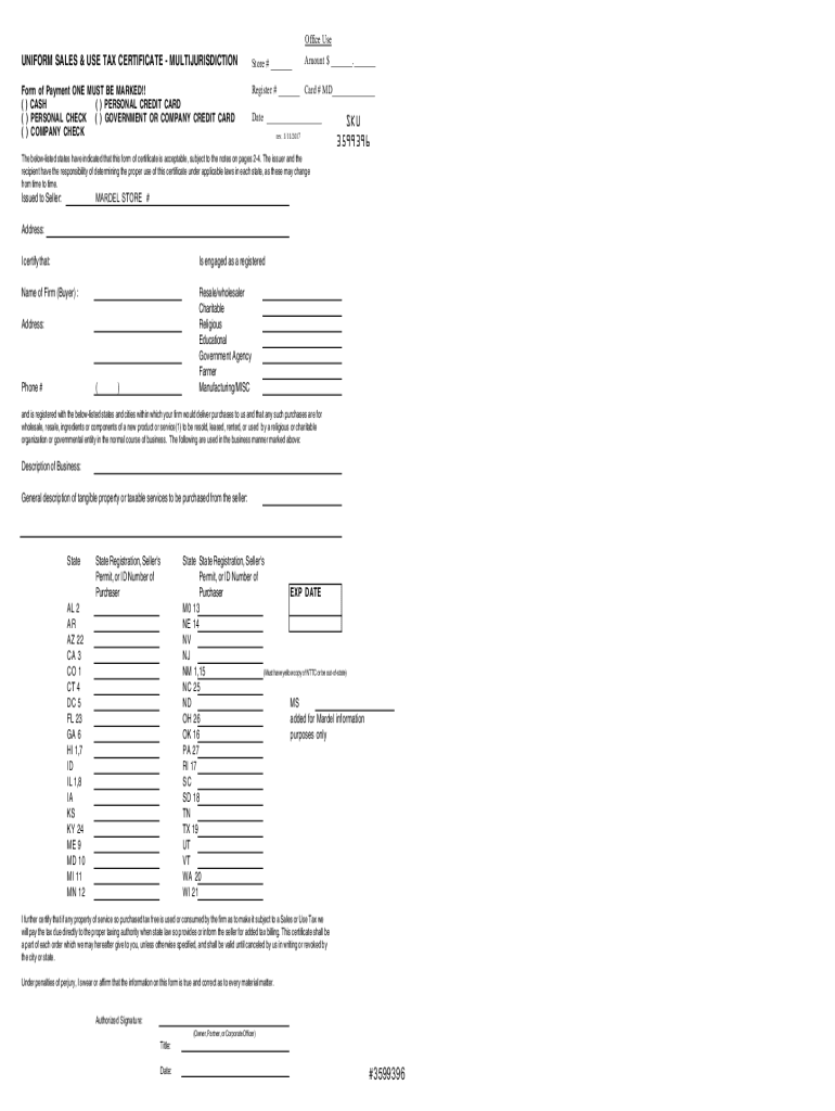 Fillable Online Office Use UNIFORM SALES &amp; USE TAX CERTIFICATE ... Fax ...