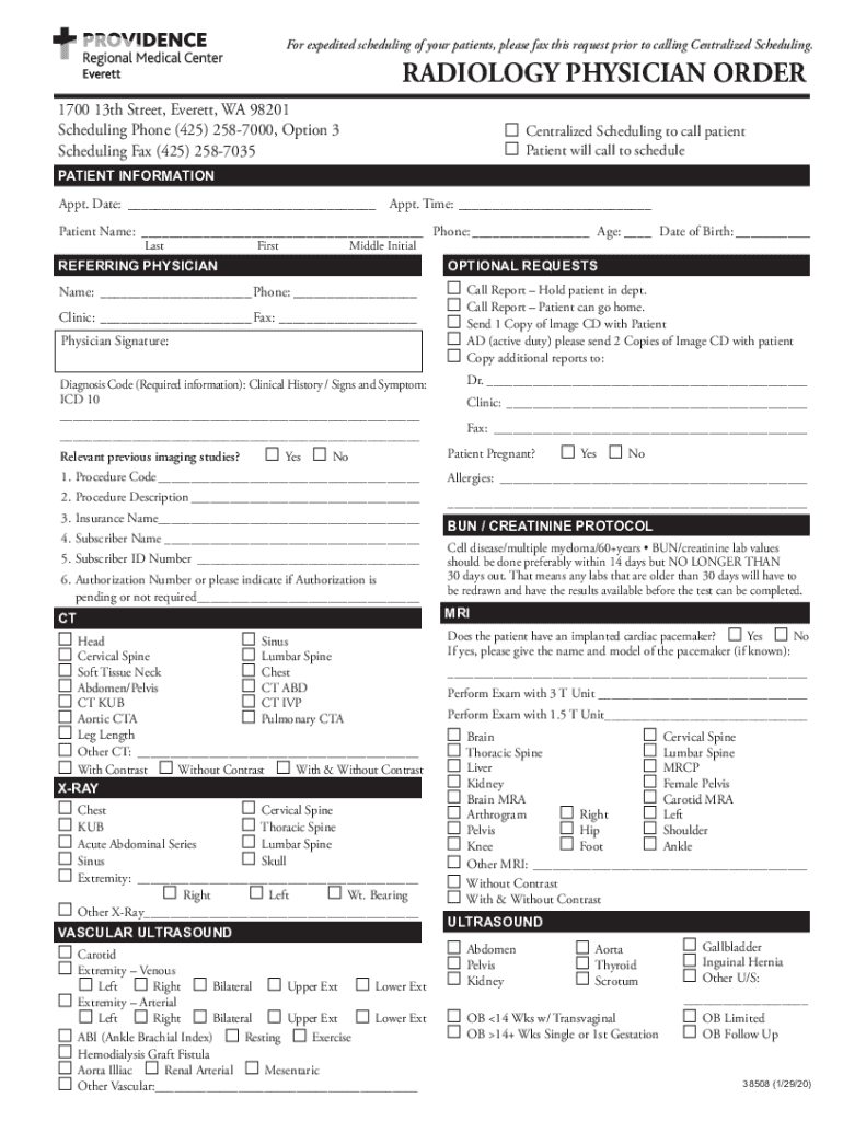 radiology physician order form Preview on Page 1