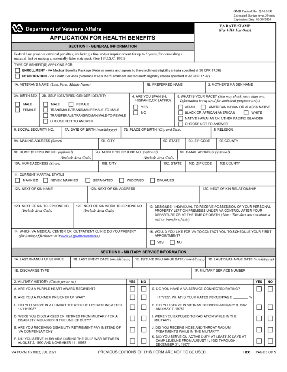 Va Form 10-10Ez - Veterans Affairs