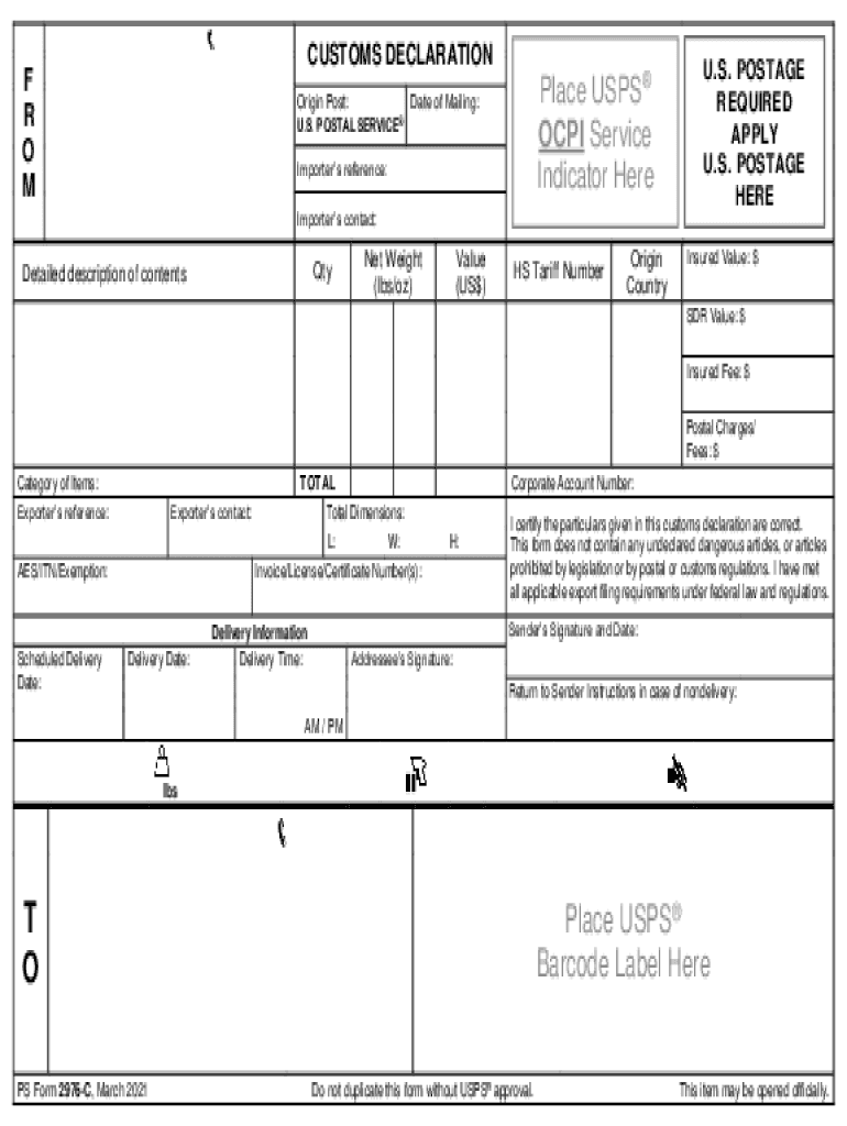 Fillable Online PS Form 2976C Customs Declaration Fax Email Print