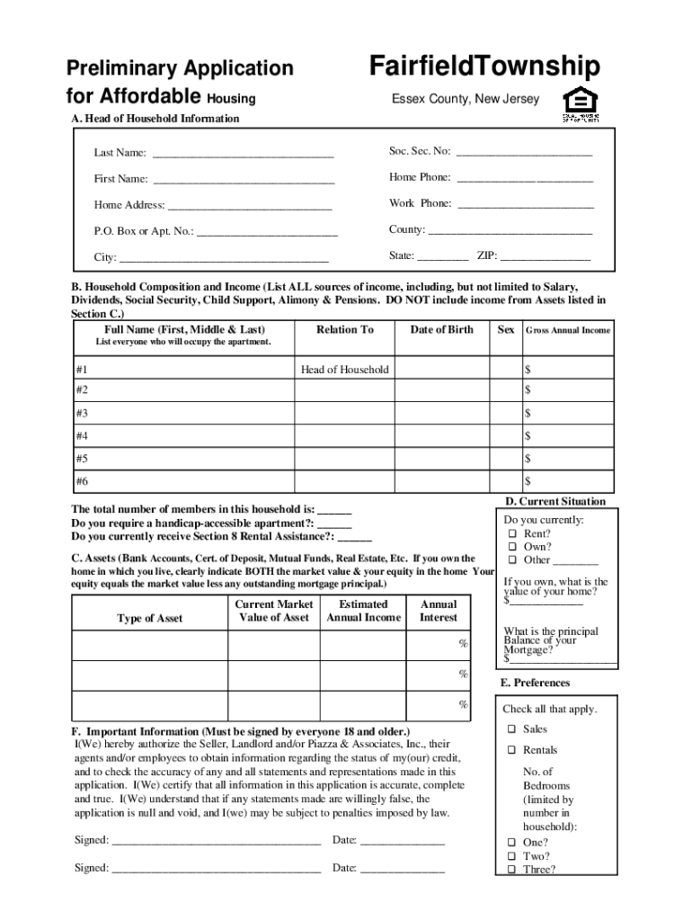 Fillable Online THE PRELIMINARY APPLICATION FOR AFFORDABLE HOUSING Fax