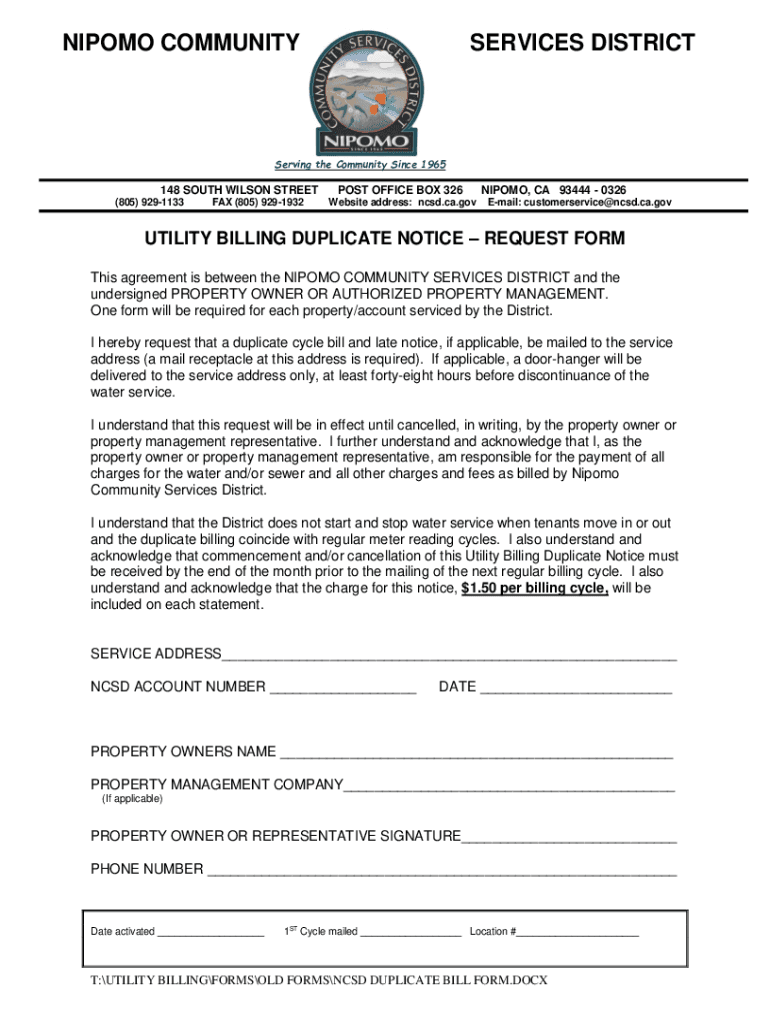 Fillable Online ncsd ca UTILITY BILLING DUPLICATE NOTICE REQUEST FORM