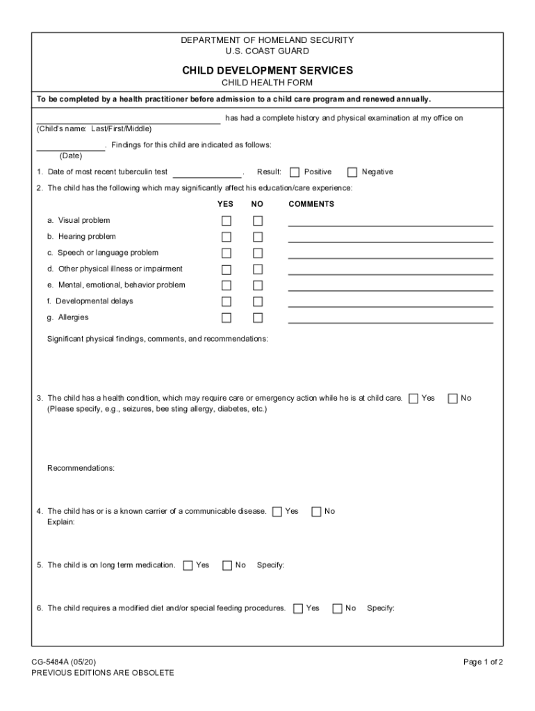 Fillable Online CG5484A. Child Development Services. Child Health Form