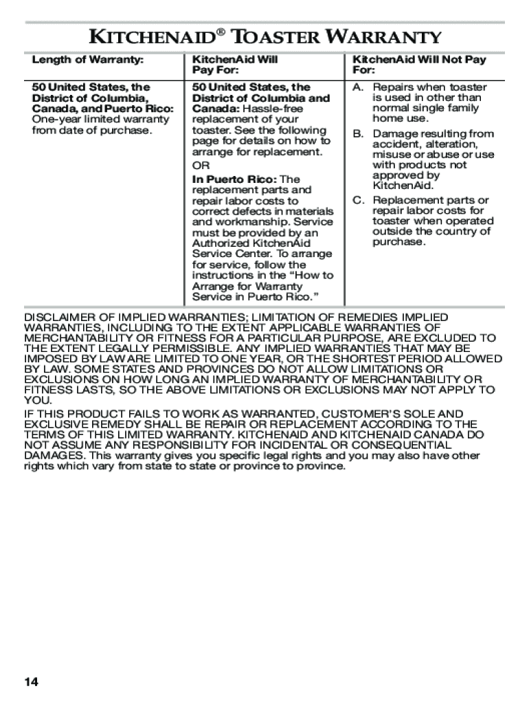 Fillable Online WARRANTY AND SERVICE WARRANTY AND SERVICE KitchenAid