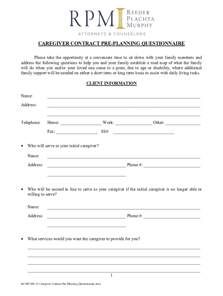 caregiver contract pre planning Preview on Page 1