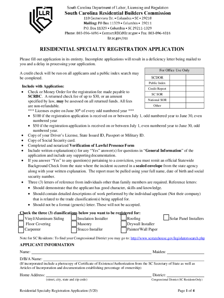 Residential Specialty License Reinstatement Application Preview on Page 1.
