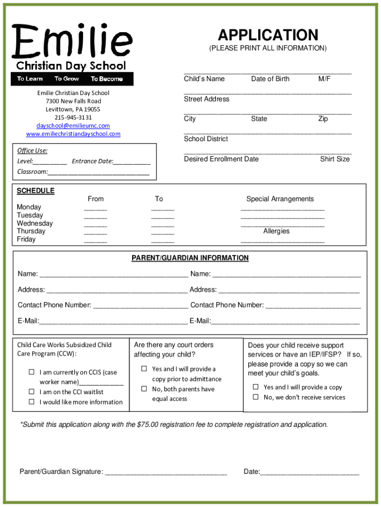 Fillable online application emilie christian day school fax email