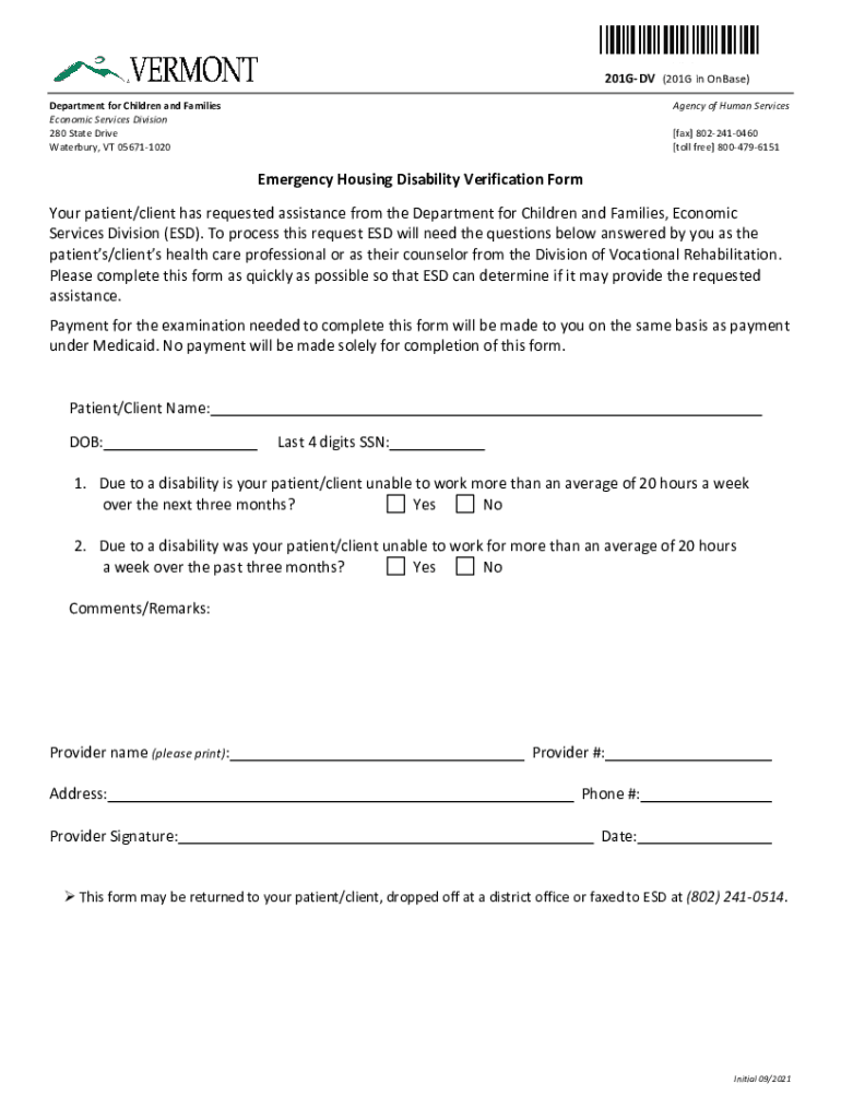Fillable Online dcf vermont Economic Services Division (ESD)Department