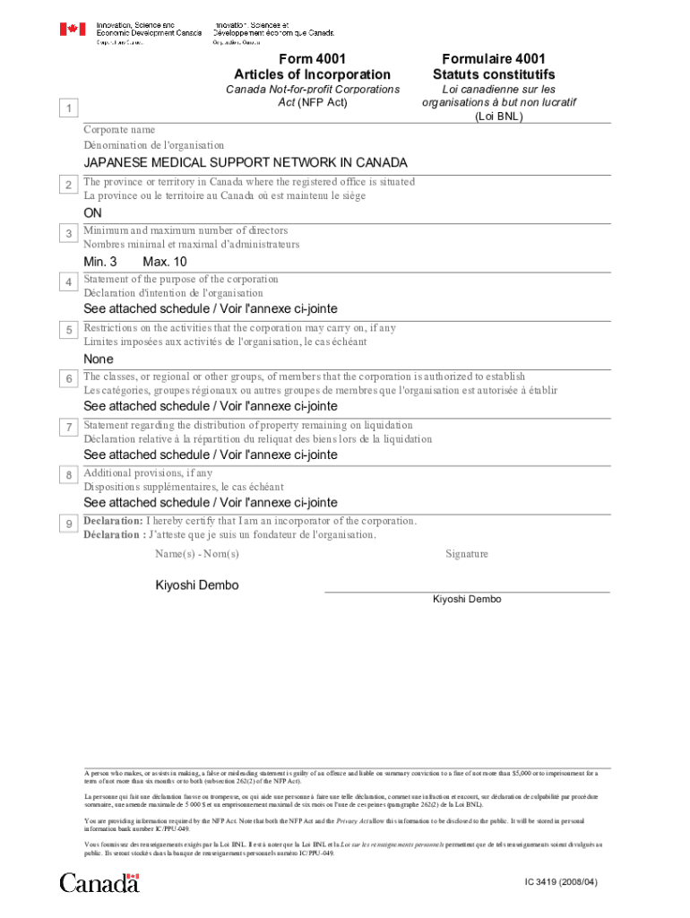 form 4001 - articles of incorporation