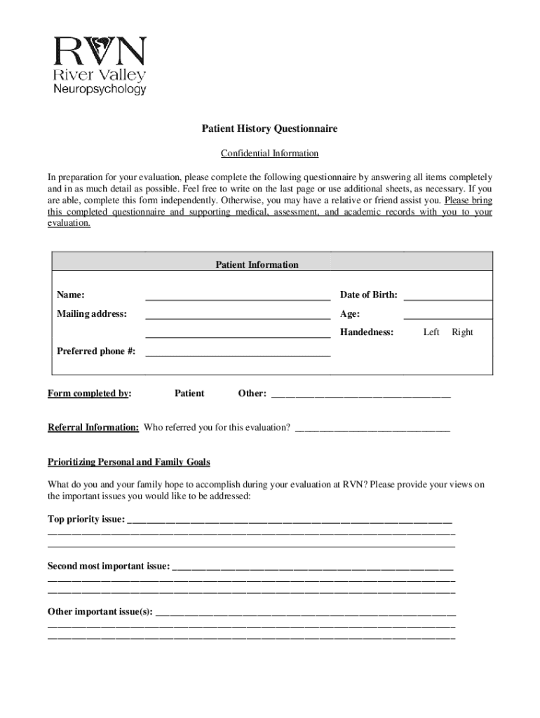 Fillable Online Patient History Questionnaire - River Valley ...