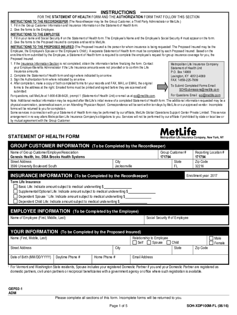 Fillable Online INSTRUCTIONS STATEMENT OF HEALTH FORM