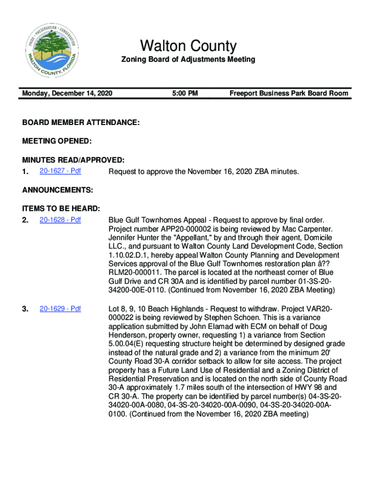Fillable Online Zoning Board of Adjustments Dec 14 2020 Walton