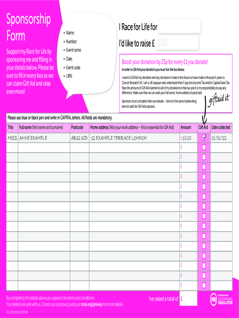 Race for Life Schools Sponsorship Form Preview on Page 1