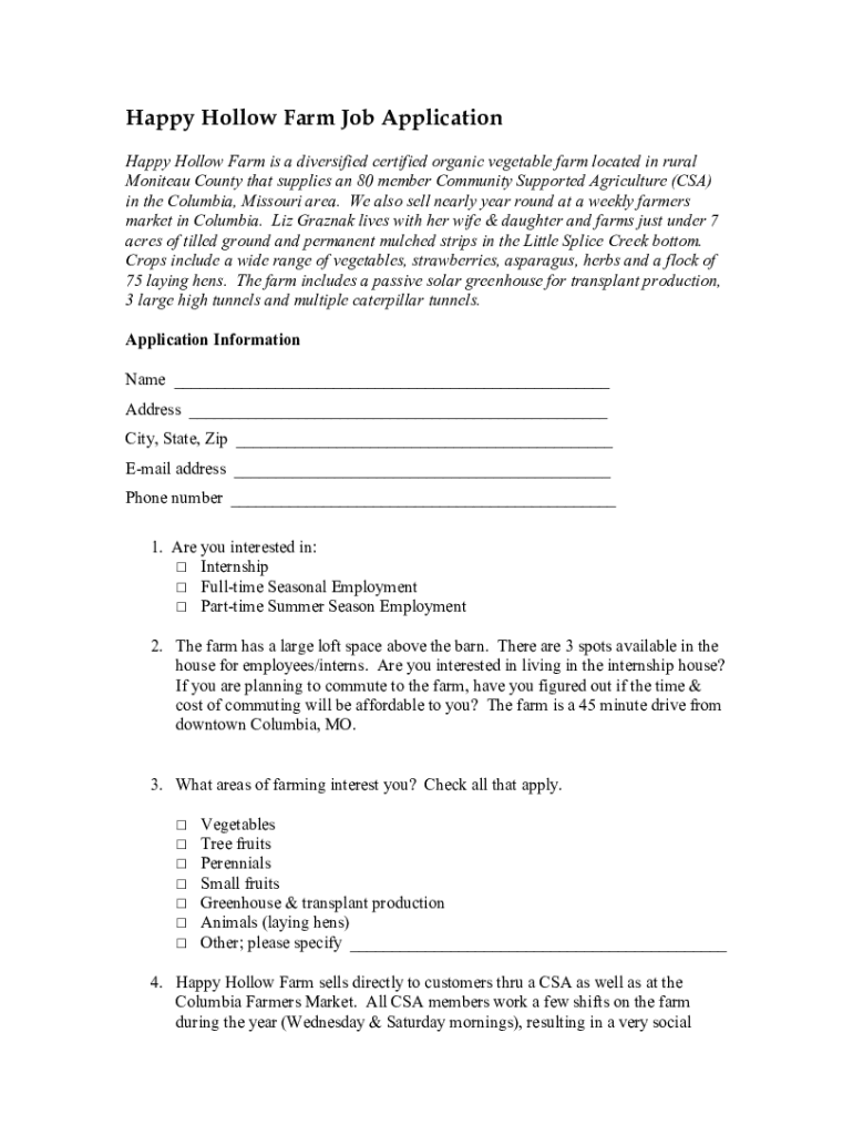 Fillable Online HHF Job Application Happy Hollow Farm Fax Email Print