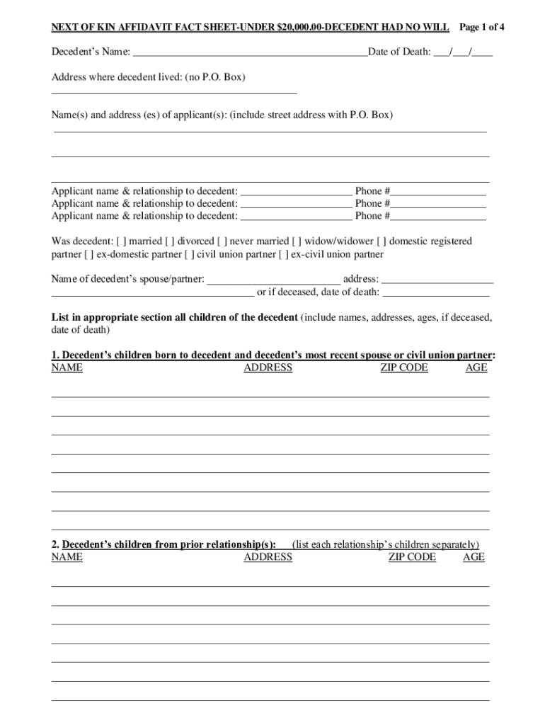 Fillable Online Next of Kin AFFIDAVIT FACT SHEET-UNDER $10,000 Fax ...