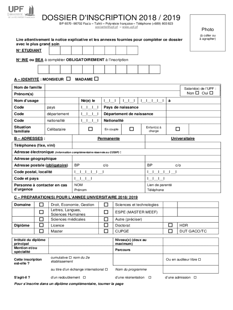 Fillable Online SERVICE : SCOLARITEBureau des inscriptions Fax Email ...