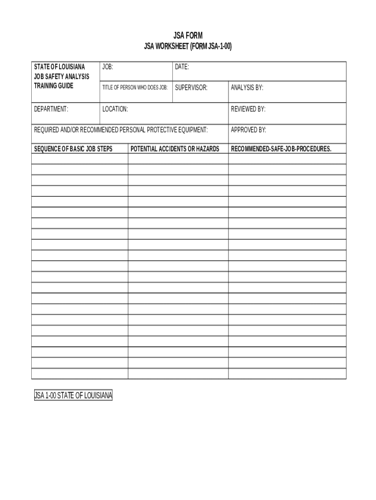 JSA doc JSA JSA WORKSHEET( JSA 1 00 STATE Doc Template pdfFiller JSA doc JSA JSA WORKSHEET( JSA 1 00 STATE Doc Template pdfFiller