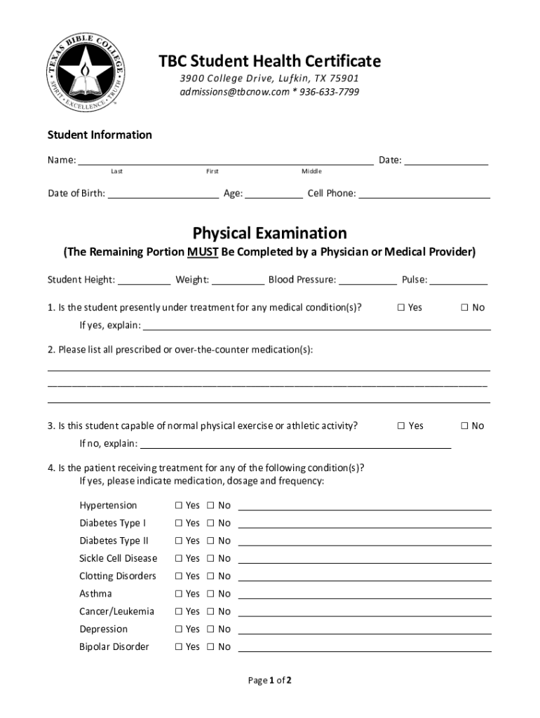 TBC Student Health Certificate Physical Examination - TEXAS Preview on Page 1