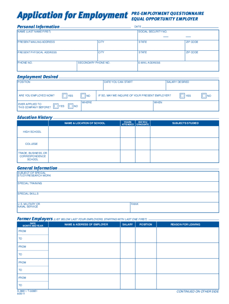 APPLICATION FOR EMPLOYMENT PRE-EMPLOYMENT QUESTIONNAIRE Preview on Page 1