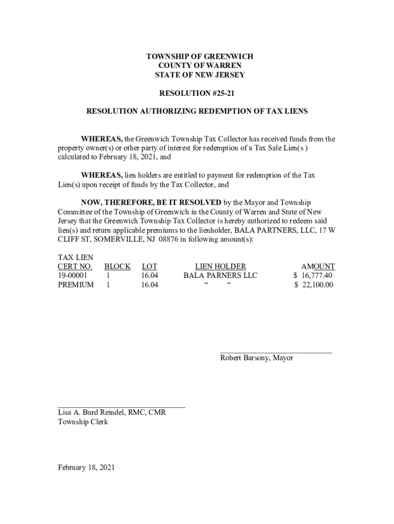 Fillable Online WHEREAS, the High Bridge Tax Collector has received