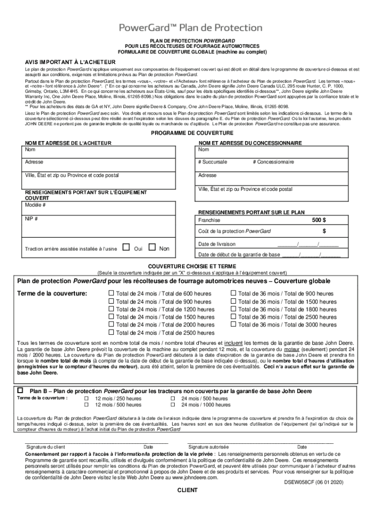 Fillable Online POWERGARD PROTECTION PLAN FORAGE HARVESTERS Deere