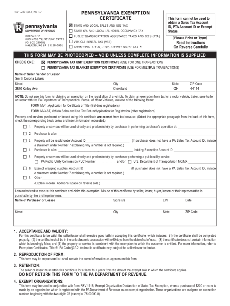 Fillable Online Pennsylvania Exemption Certificate (REV-1220) - Smith ...