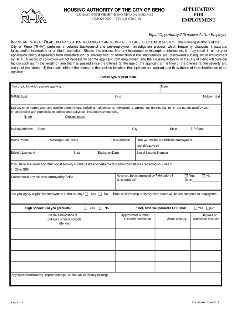 Fillable Online Fillable Online HOUSING AUTHORITY OF THE CITY OF RENO Fax Email Print