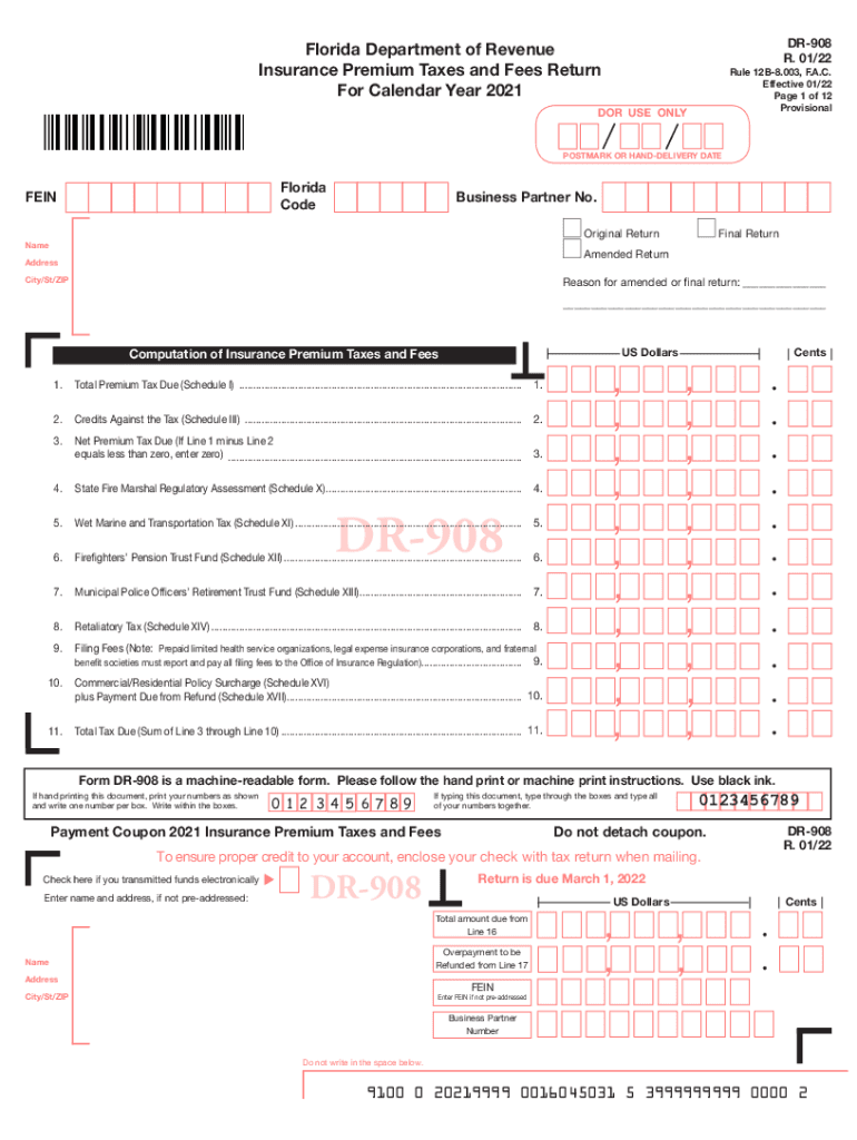 florida dr 908 insurance premium taxes return template Preview on Page 1