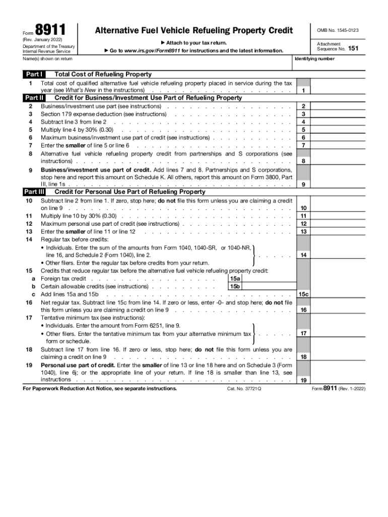 Form 8911 (Rev January 2022) Alternative Fuel Vehicle Refueling Property Credit Preview on Page 1