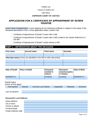 RCP-E 74A. Application for a Certificate of Appointment of Estate Trustee