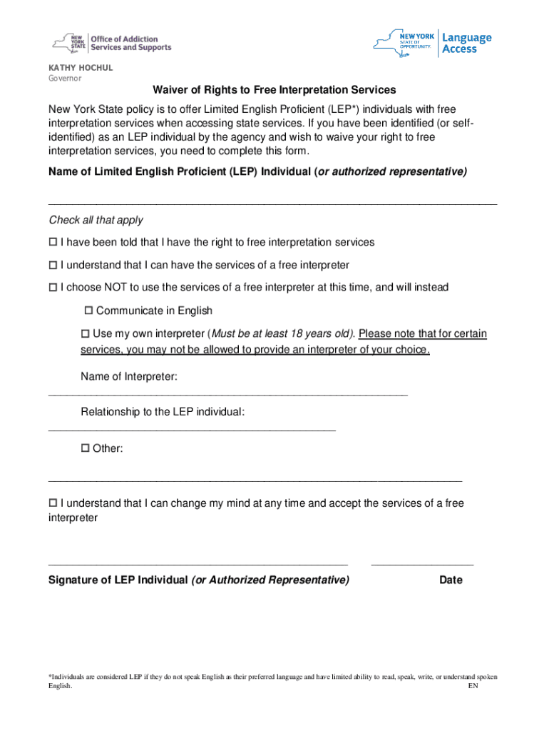 Fillable Online oasas ny Waiver of Rights to Free Interpretation